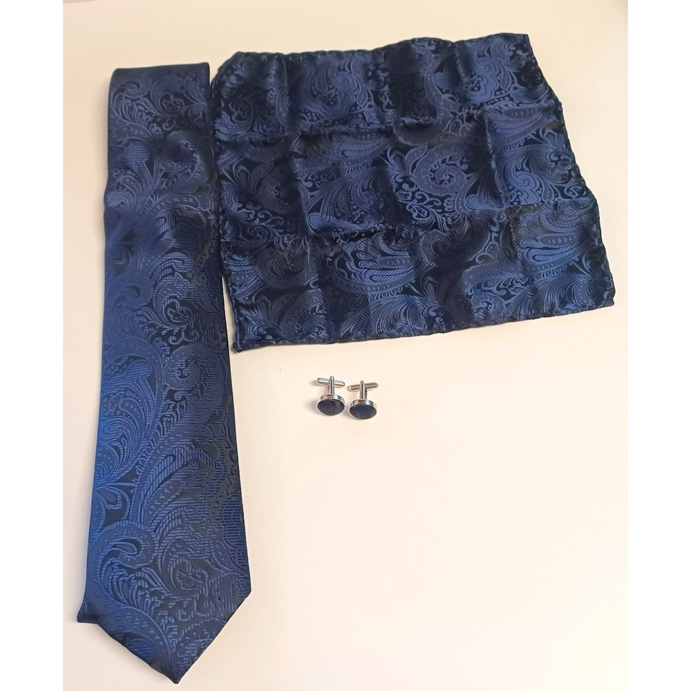 NEW DiBanGu Dark Blue Paisley Silk Dress Tie Necktie Handkerchief Cufflink Set